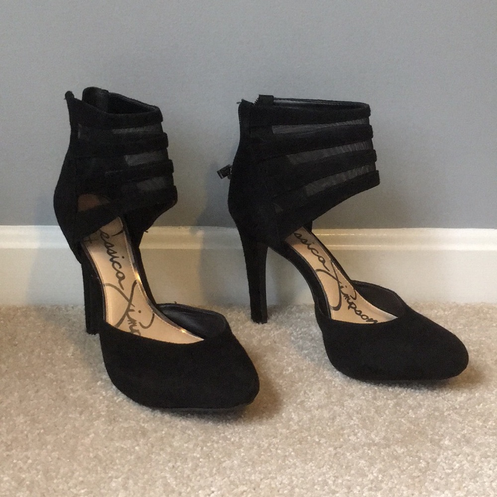Black zip back ankle strap heels